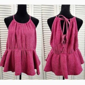 NWT Peach Love Fuchsia Carissa Tank Top Peplum Tie Back Size M 100% cotton Gauze
